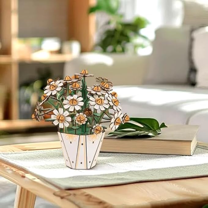 3D PUZZLE, WOODEN FLOWER DIY MODEL KIT FOR ADULTS ARTIFICIAL CRYSTAL DAISY CRAFT CONSTRUCTION KIT HOME DECORATION ROOM OFFICE BIRTHDAY VALENTINE GIFTS FOR WOMEN WHITE - Image 4